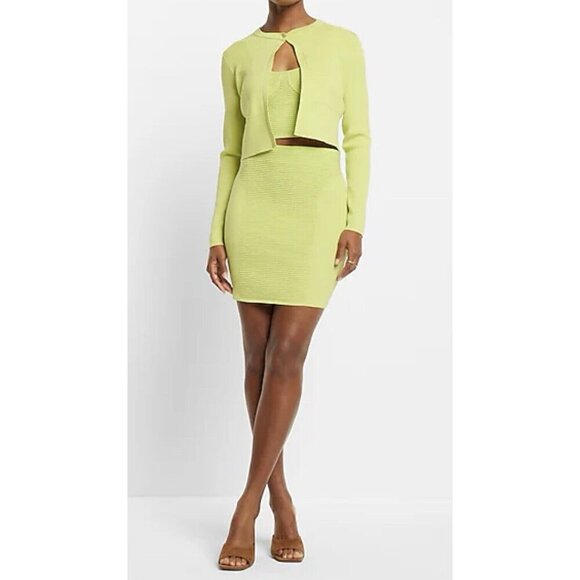 Express Body Contour Ribbed Crop Cardigan And Mini Skirt Set Medium Lime NWT - Picture 1 of 12
